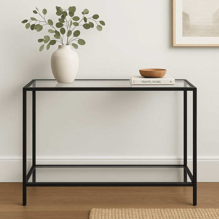 Crystalline Glass Entryway Console Table – Minimalist Black Frame