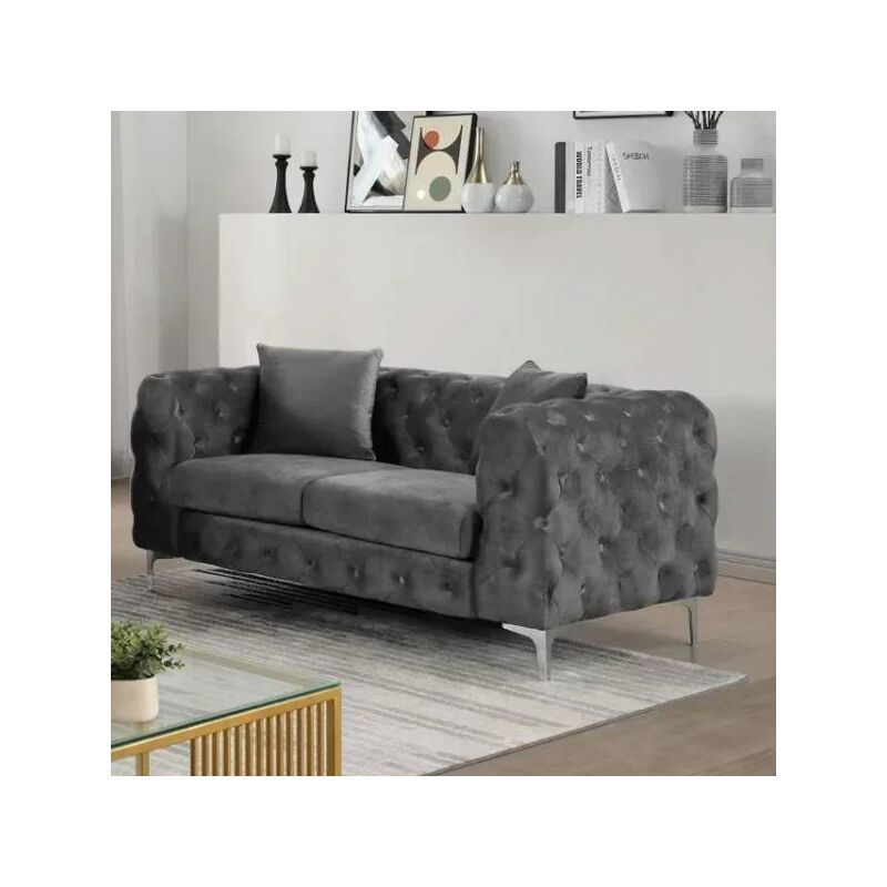 Grey velvet couch – 2 division – Chesterfield – Square arms