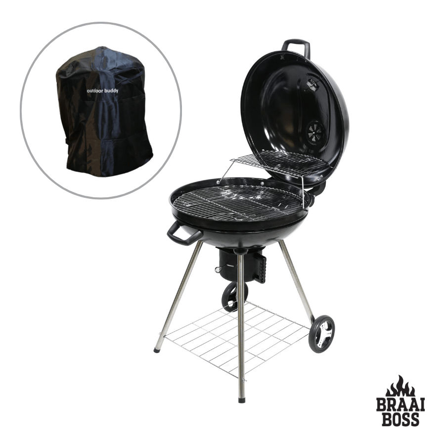 BraaiBoss 57cm Premium Charcoal Kettle Braai – Hinged Lid, Thermometer, Ash Catcher, Mag Wheels & Protective Cover