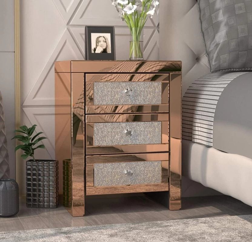Set Of 2 LBM 3 Drawer Crushed Diamond Mirrored Night Stand Bedside