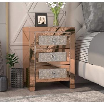 Set Of 2 LBM 3 Drawer Crushed Diamond Mirrored Night Stand Bedside