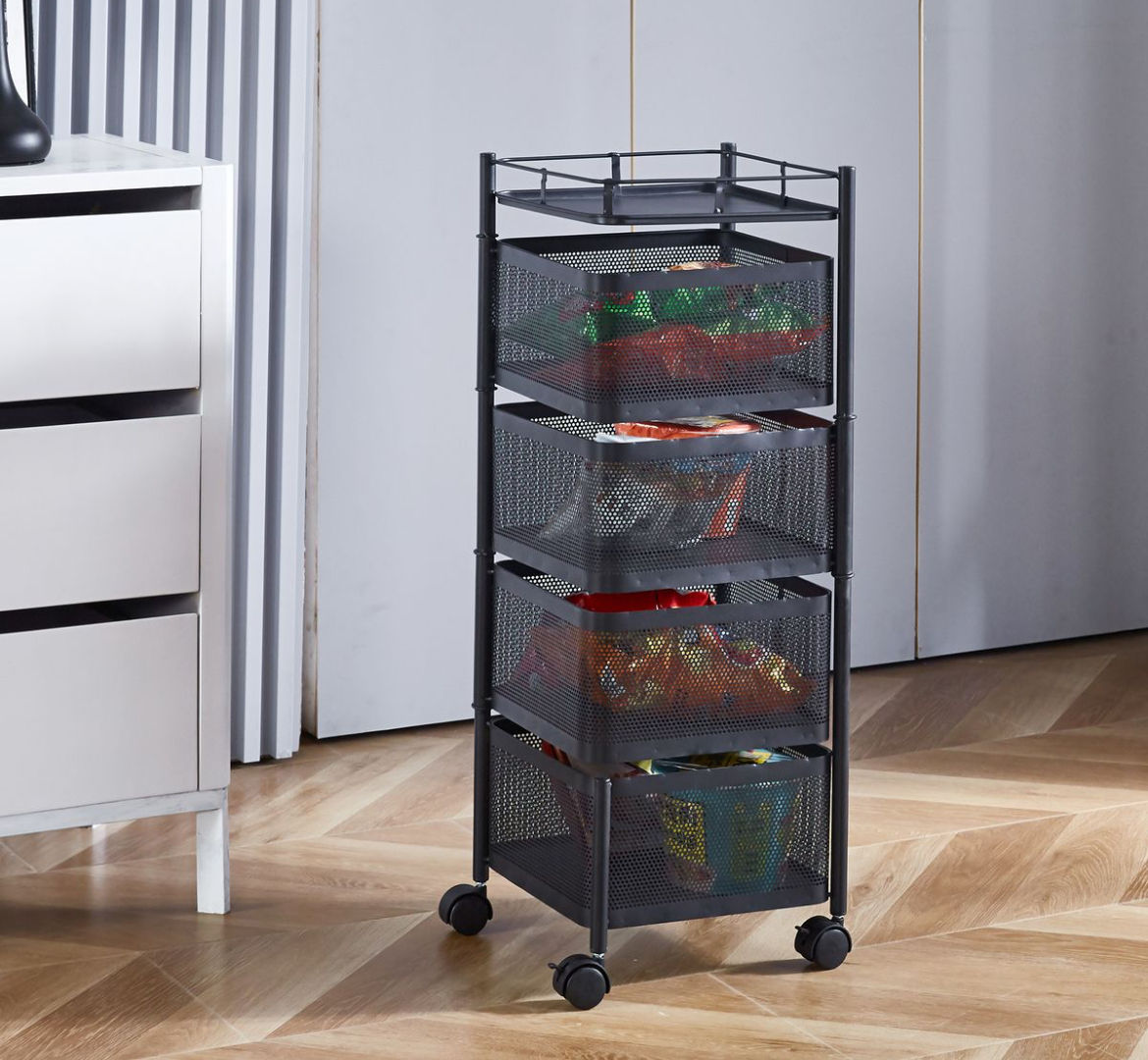 4-Tier Square Mesh Storage Trolley with Swivel Baskets