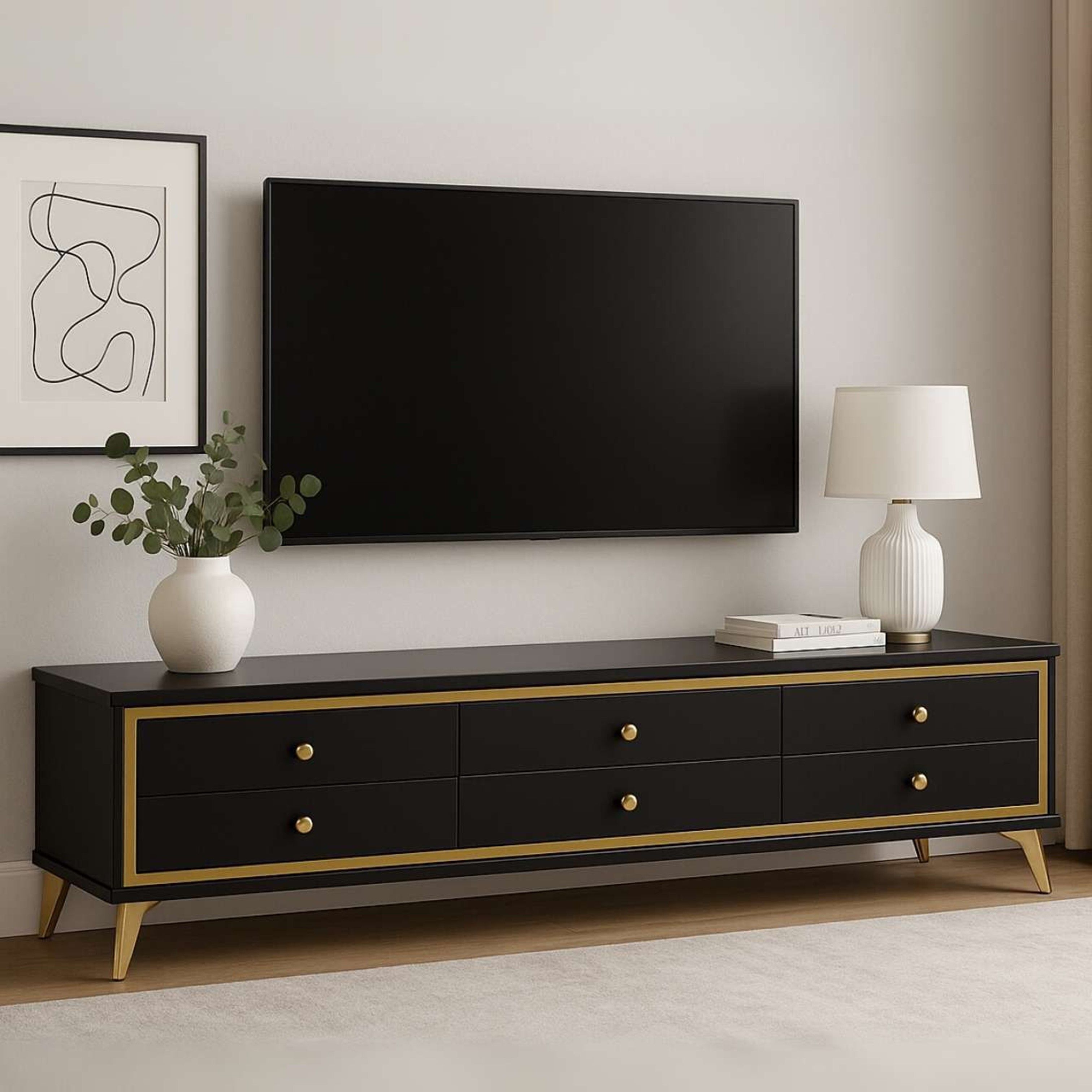Madiega Furniture - Black Gloss TV Stand With Gold Accents