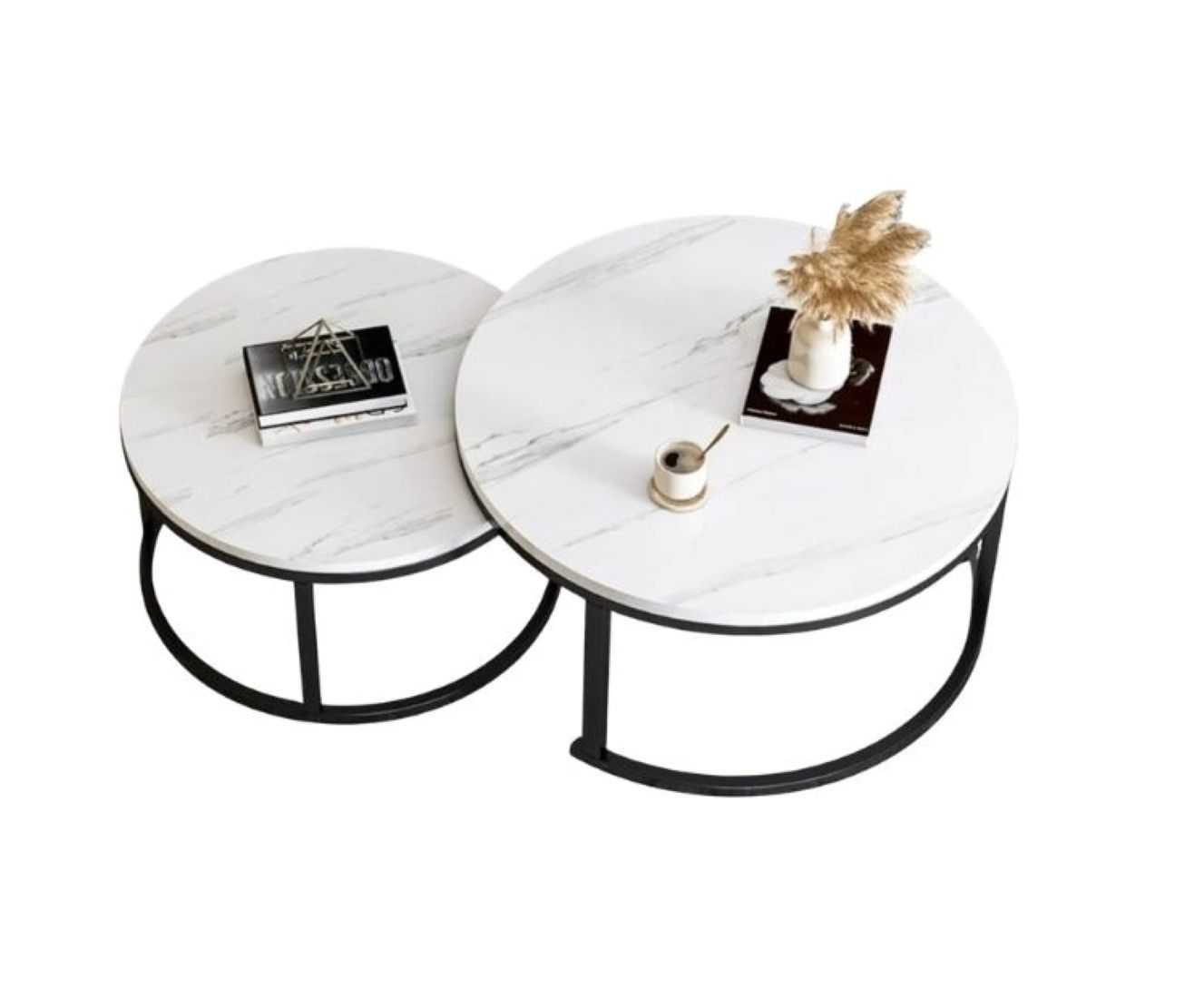 Modern Round Nesting Coffee Tables Set of 2, White Marble Effect Top, Black Metal Frame