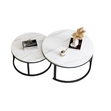 Modern Round Nesting Coffee Tables Set of 2, White Marble Effect Top, Black Metal Frame
