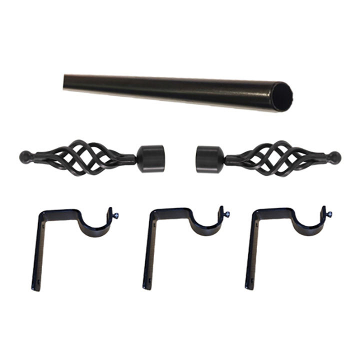 Matoc 32mm Curtain Single Metal Pole Set -BigBasket Finials -Black -4.0m