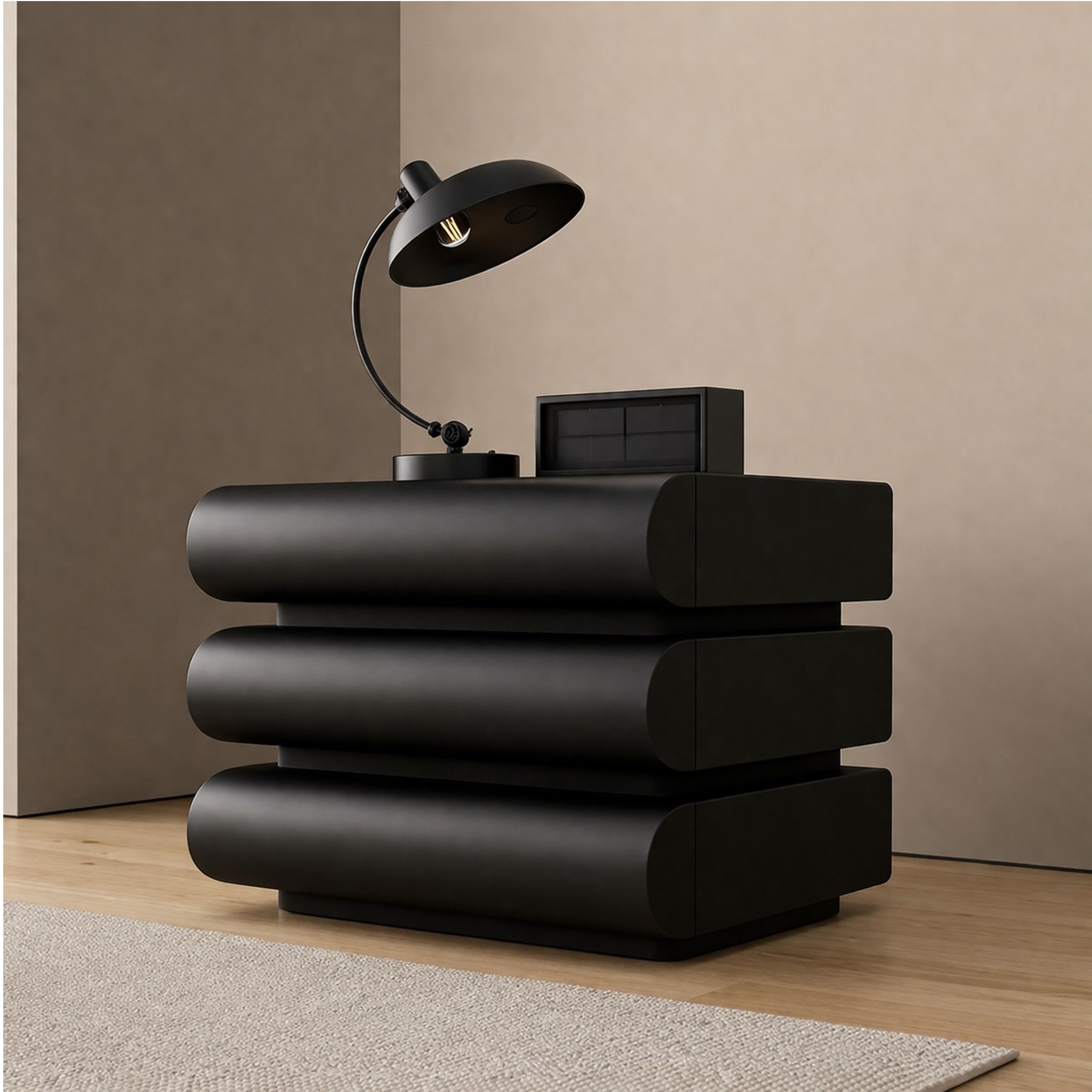 Madiega Furniture - Modern Minimalist Bedside Table with 3 Drawers - Black