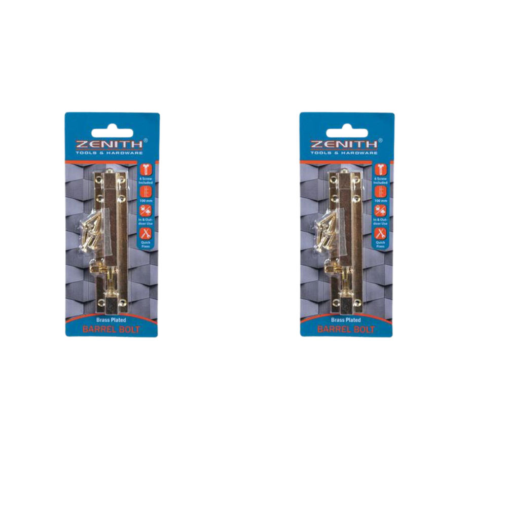 Barrel-bolt+screws brass 100mm zenith 2 pack