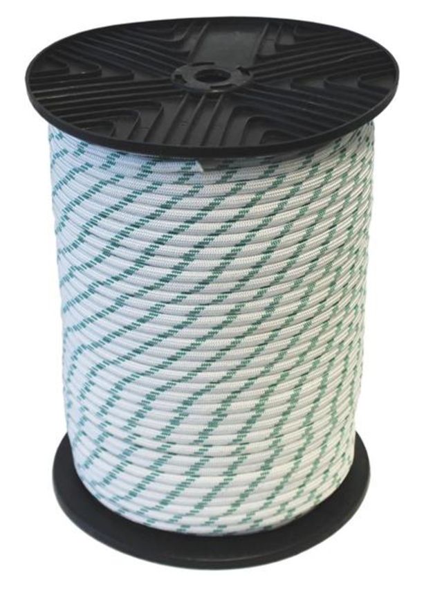 White and Green Polyester Braided Rope - 8mm x 200 Meter Roll