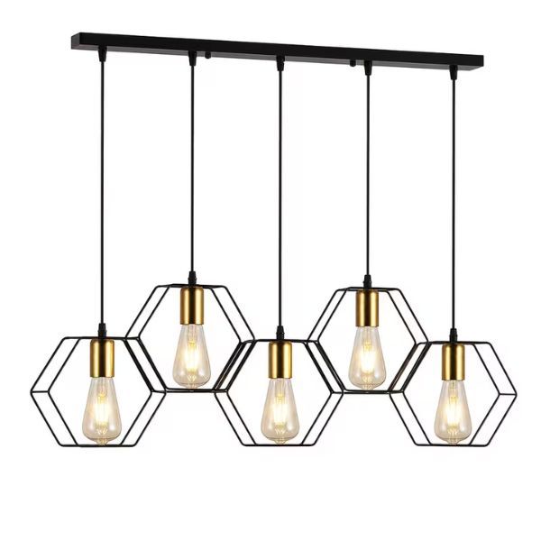 Hugo Black Hexagon Cage 5-Light Linear Pendant Chandelier