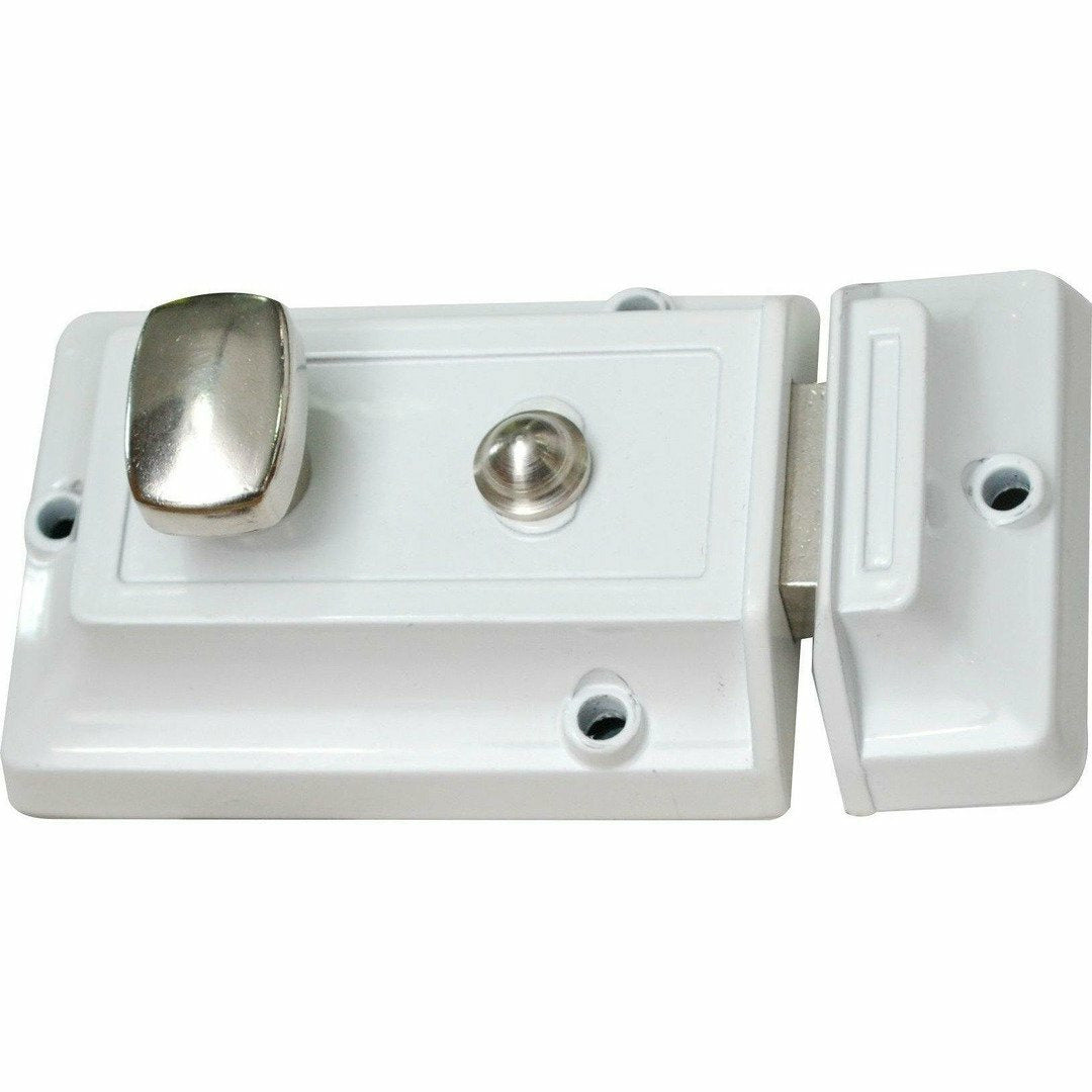 White night latch with chrome knob