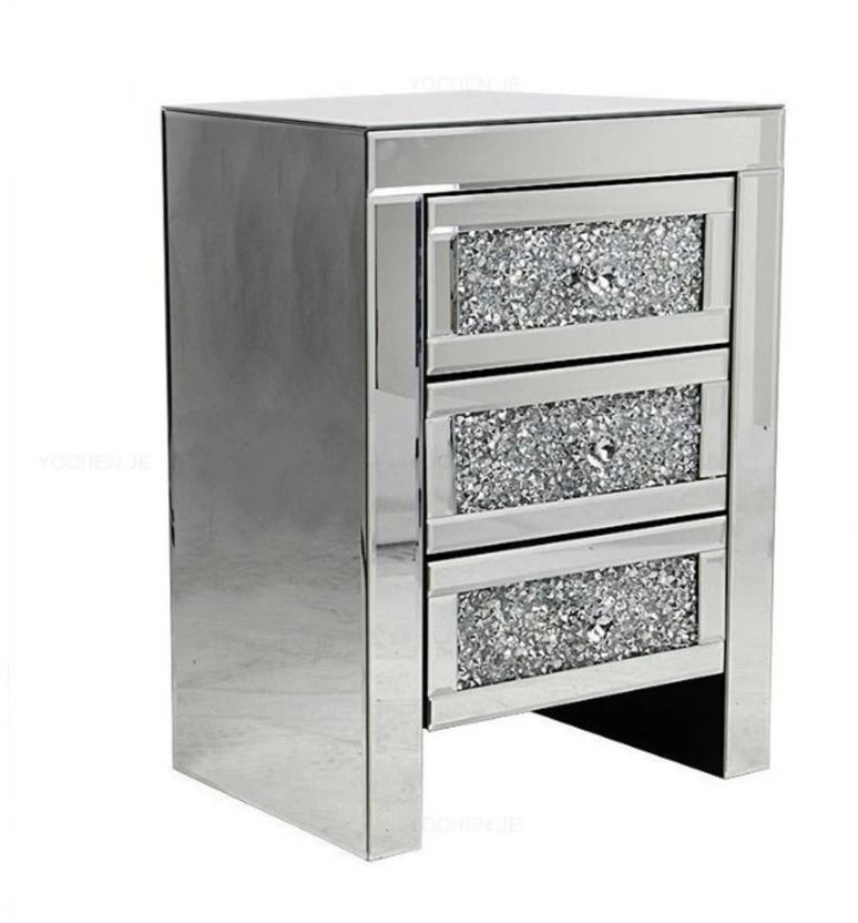 LBM 3 Drawer Crushed Diamond Mirrored Night Stand Bedside Table- Silver
