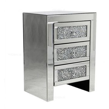 LBM 3 Drawer Crushed Diamond Mirrored Night Stand Bedside Table- Silver