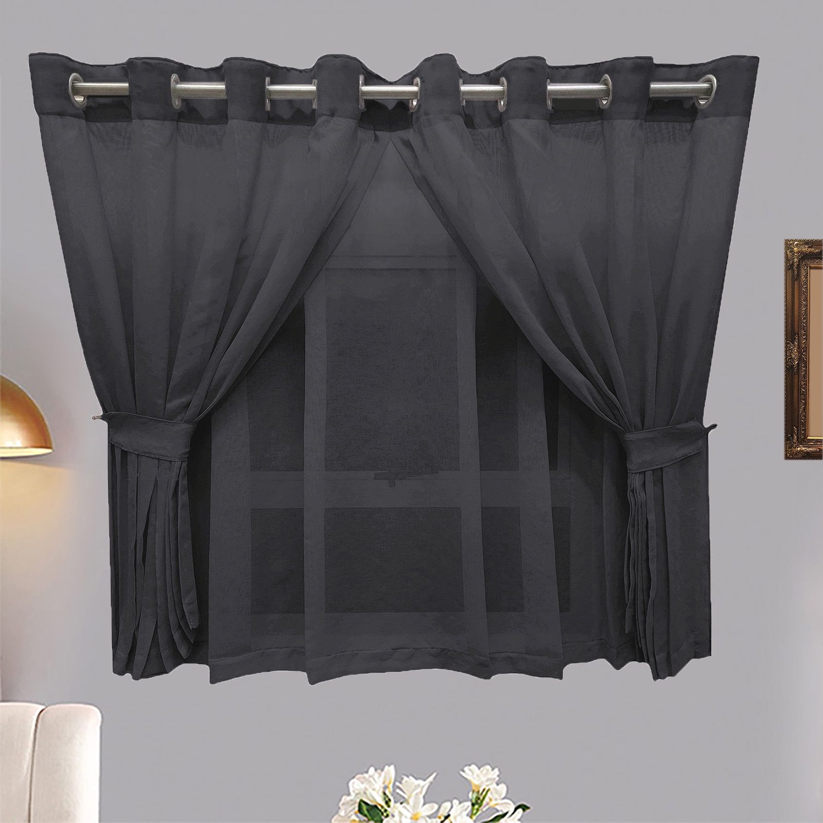Matoc Designs Curtain -  Café Double Layer - Mystic Voile - Charcoal - Eyelet - 250cm W x 123cm H