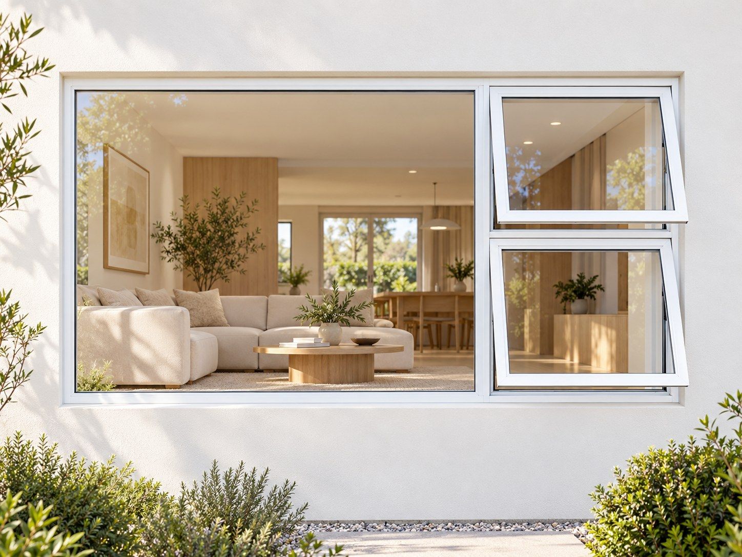 Kenzo Premium Top-Hung Aluminium Window - White, 2400 1200 mm, Right Two Openers with Fixed Side Pane, Clear Glass