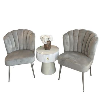 Grey Velvet Shell Chairs & White Ridged Table Set