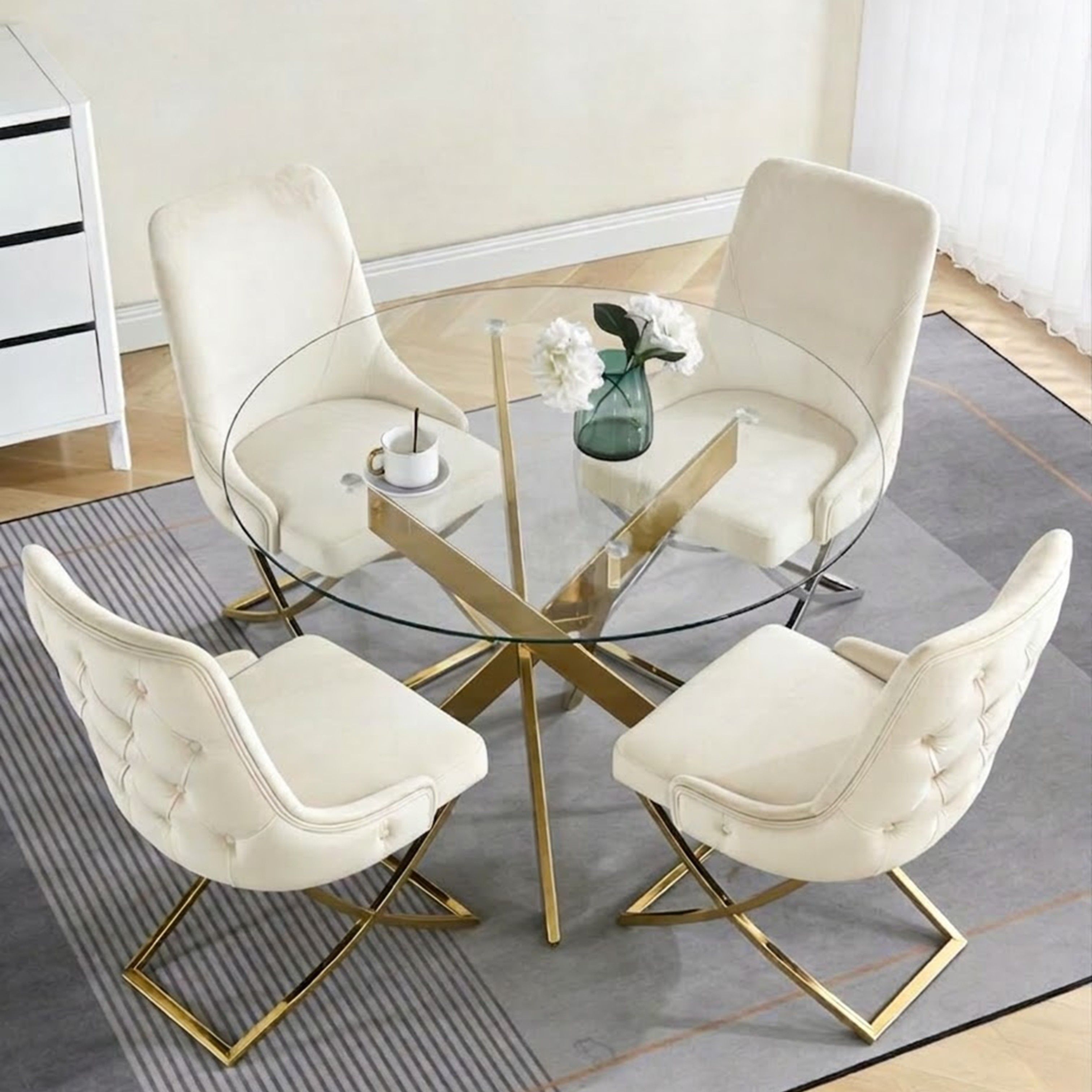 Madiega Furniture - Round Glass Table with 4 Cream Velvet Chairs Dining Set