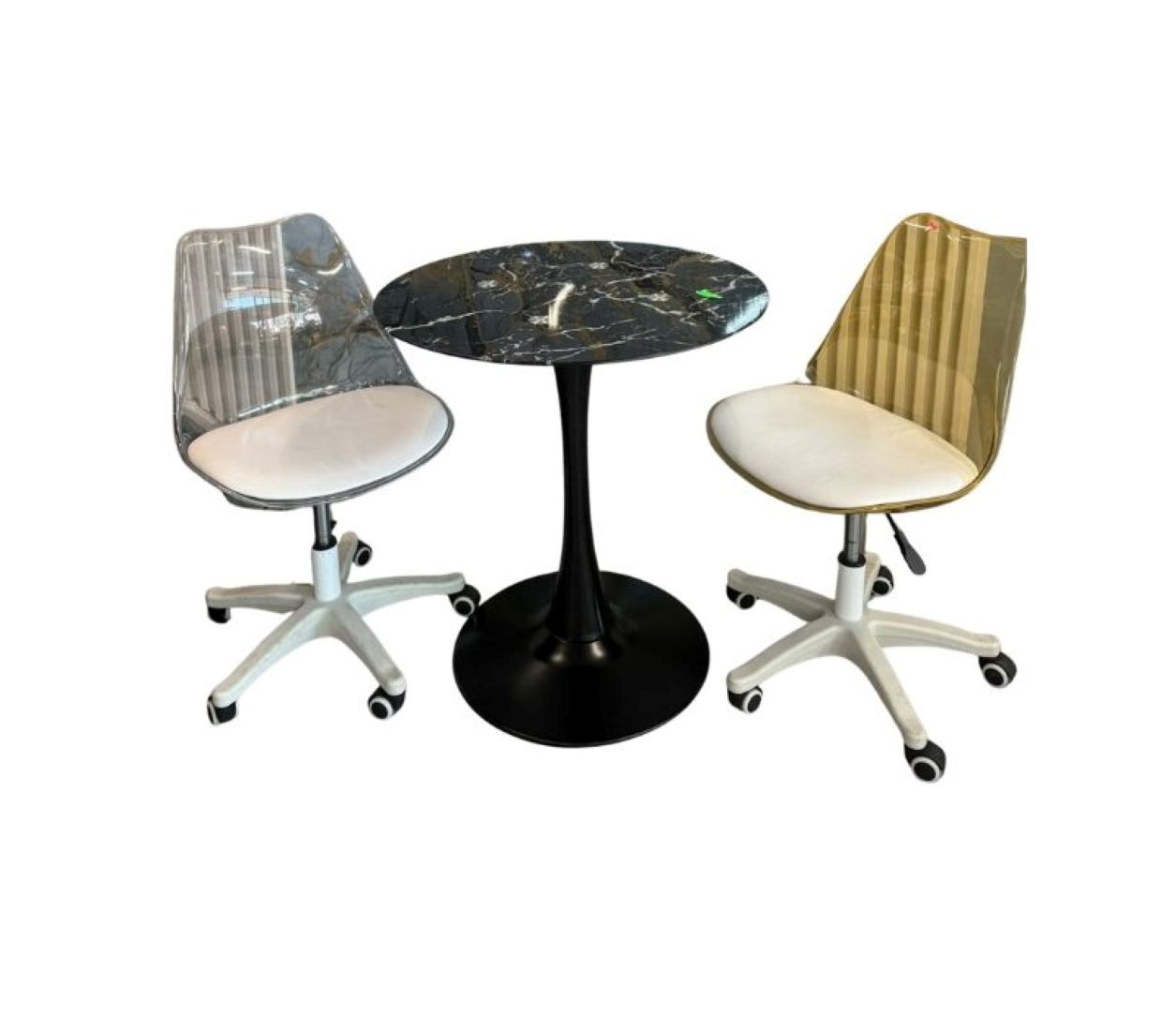 Modern Round Dining Table Set with Black Marble Top, White Rolling Chairs, Black Pedestal Base