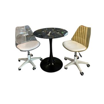 Modern Round Dining Table Set with Black Marble Top, White Rolling Chairs, Black Pedestal Base