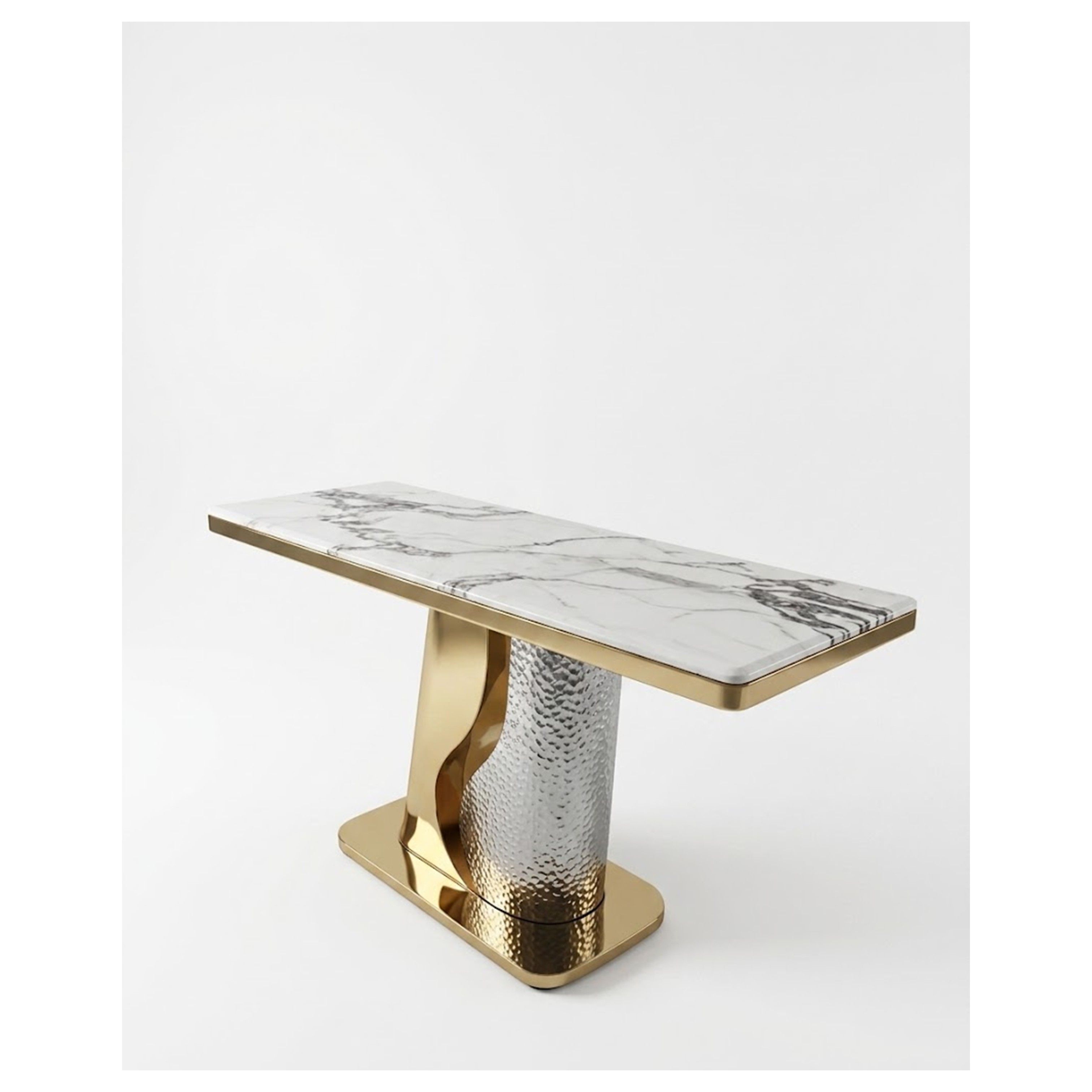 Madiega Fueniture - Luxury Faux Marble Console Table with Dual Gold and Hammered Silver Pillar Base