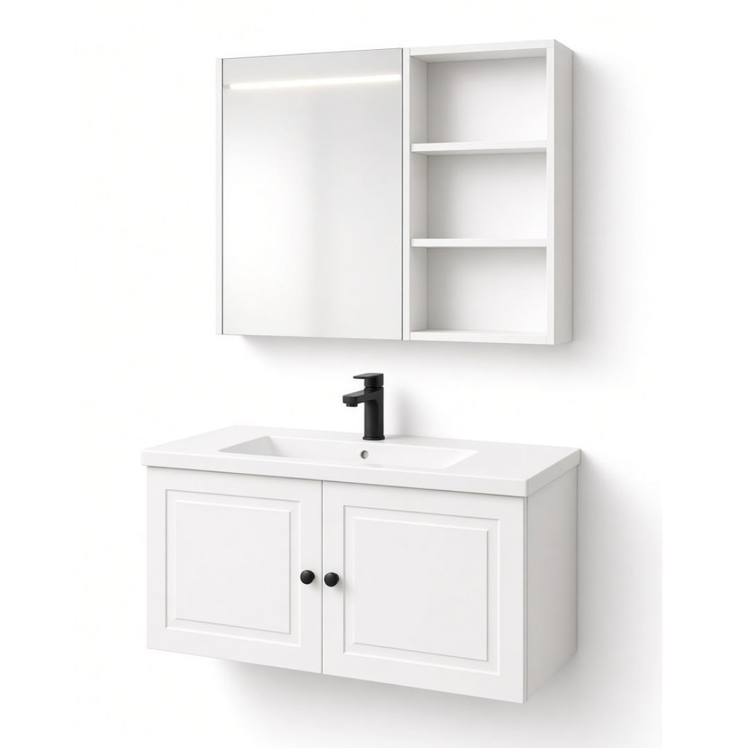 Urban Soak 32" Wall-Mounted Bathroom Vanity Cabinet Set with Mirror Cabinet - Matte White Finish