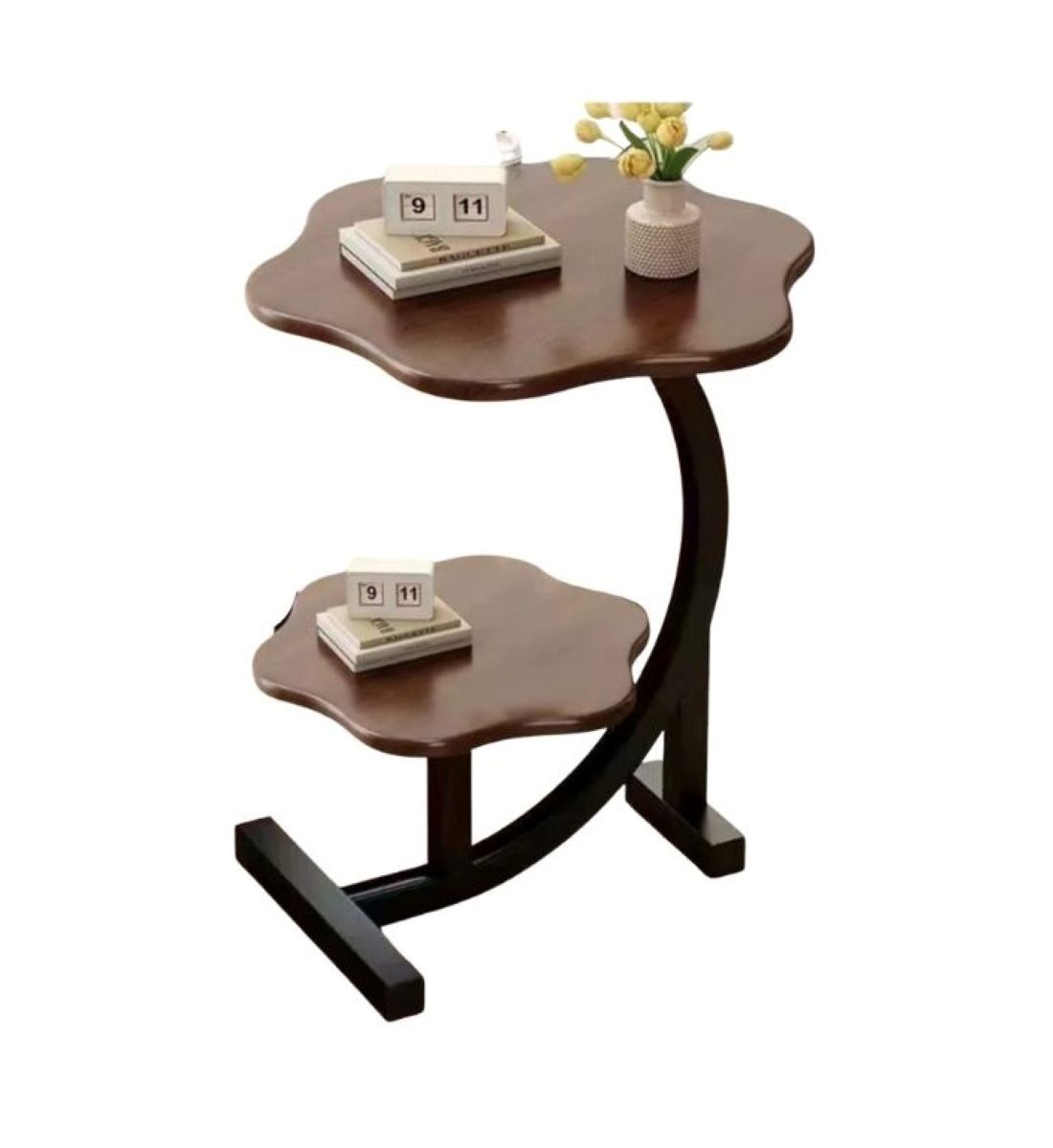 Curved 2-Tier Side Table, Dark Brown Wood Finish, Decorative Cloud Shape
