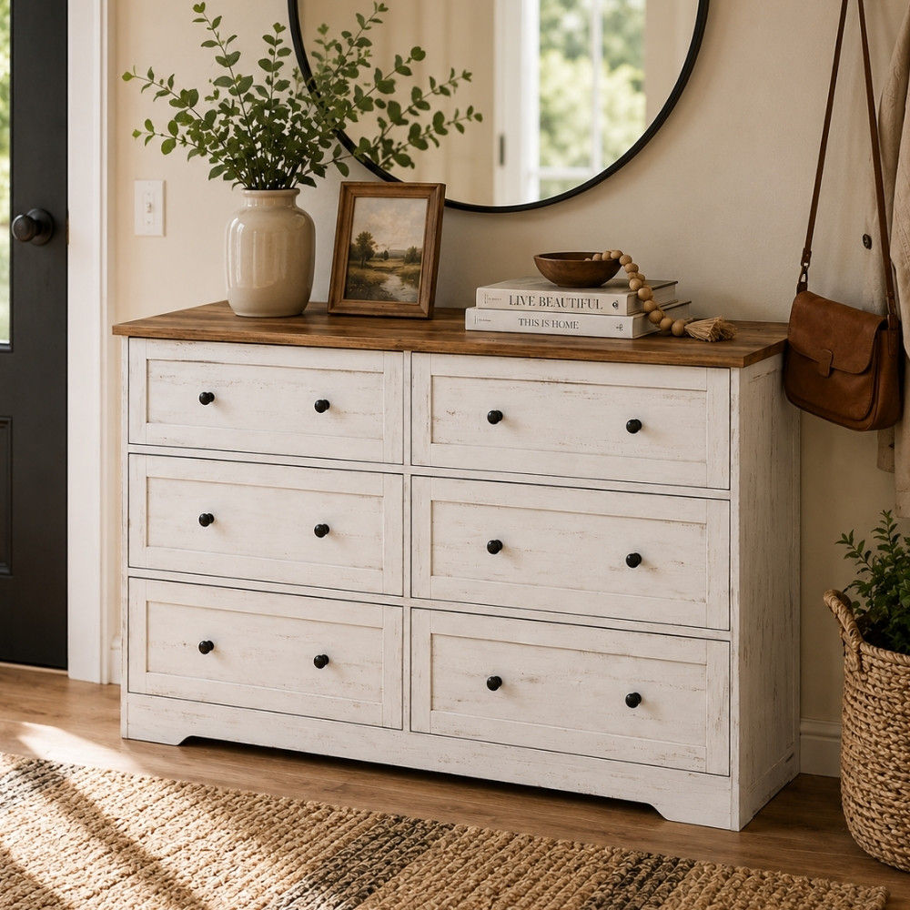 Bragg Sedona Chest of Drawers Storage Cabinet, 6 Drawers, Farmstyle White