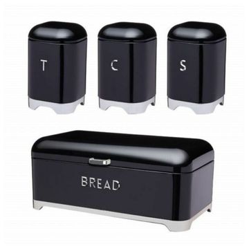 4pc Bread Bin And Canister Set - Black