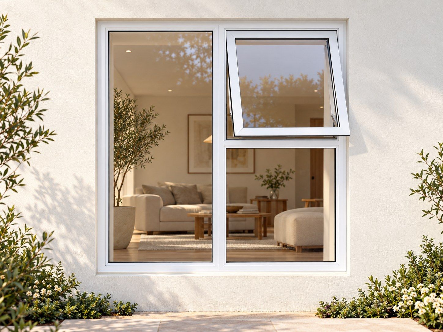 Kenzo Premium Top-Hung Aluminium Window - White, 1200 1200 mm, Right Upper Opener with Fixed Lower and Side Panes, Clear Glass