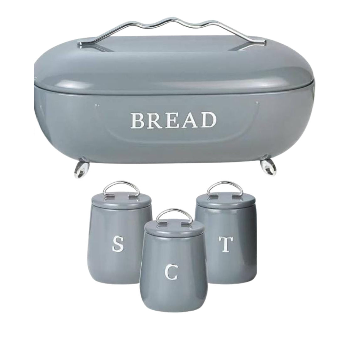 4-Piece Kitchen Countertop Storage Set – Gloss Grey Oval Metal Bread Box on Chrome Feet with Matching Sugar, Coffee, Tea Canisters