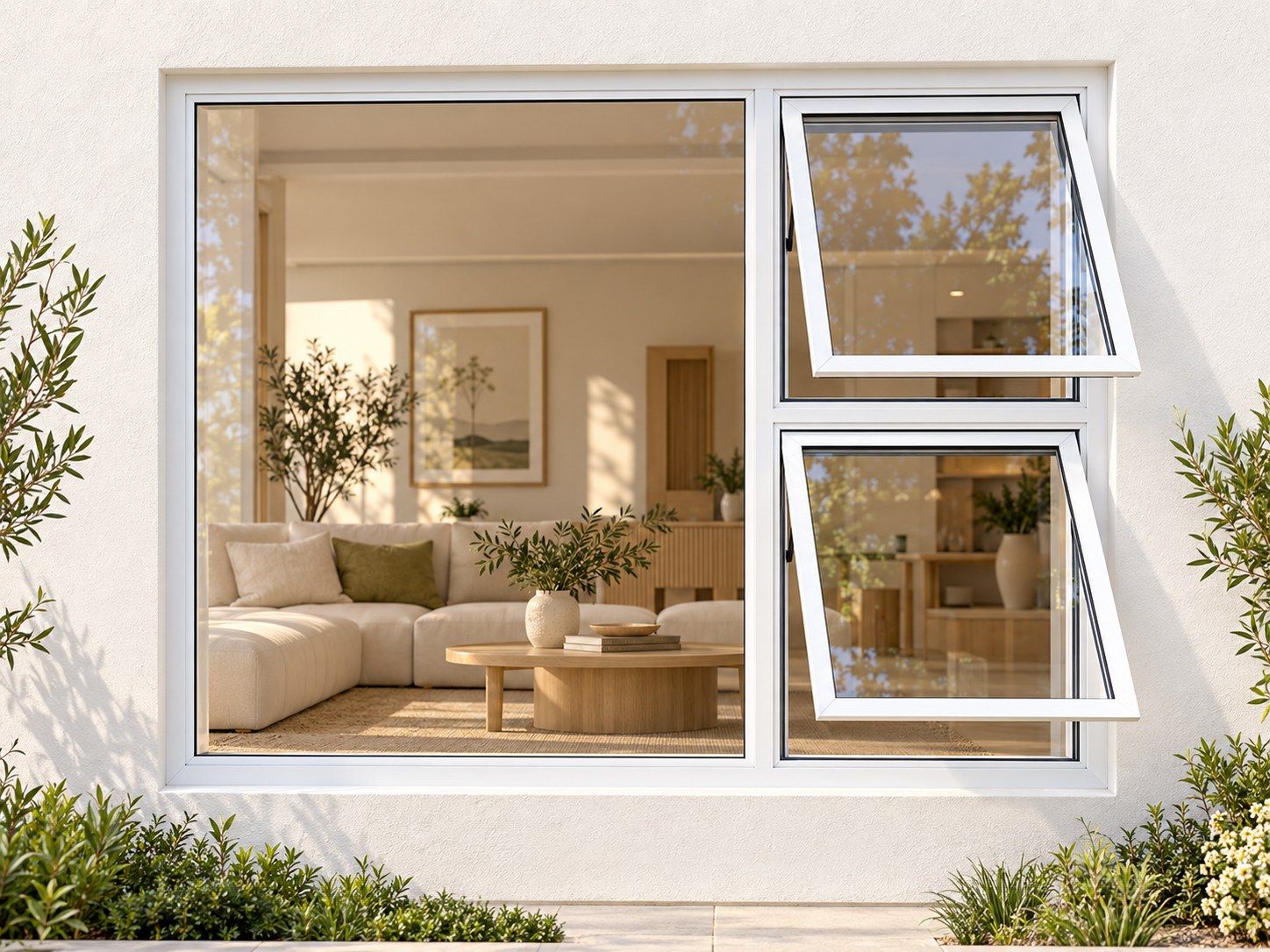 Kenzo Premium Top-Hung Aluminium Window - White, 2100 1200 mm, Right Two Openers with Fixed Side Pane, Clear Glass