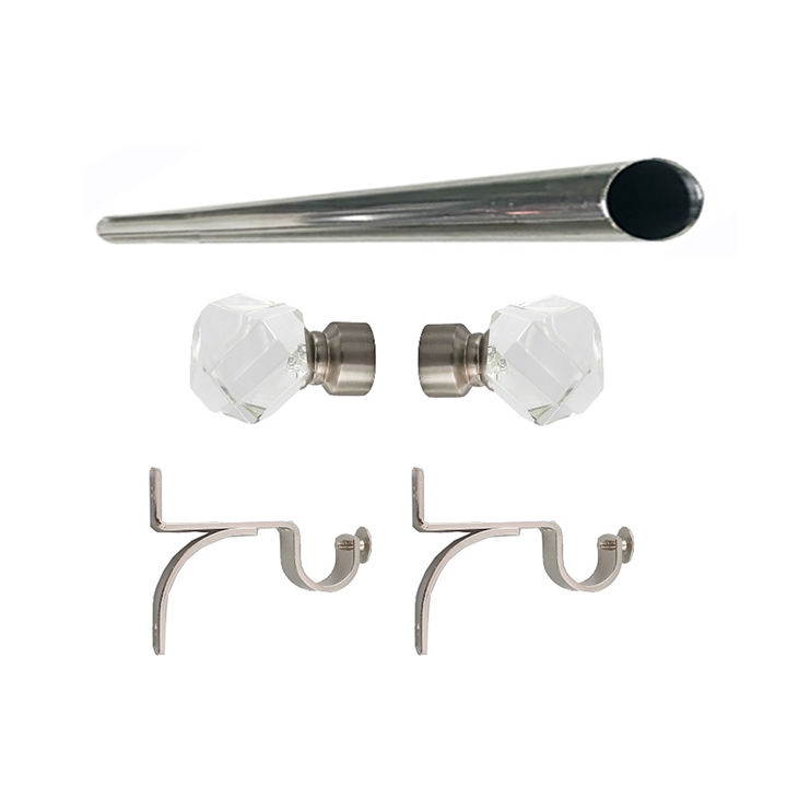 Matoc 25mm Single Curtain Pole Set - Silver - Crystal Prism Finials - 1.0m