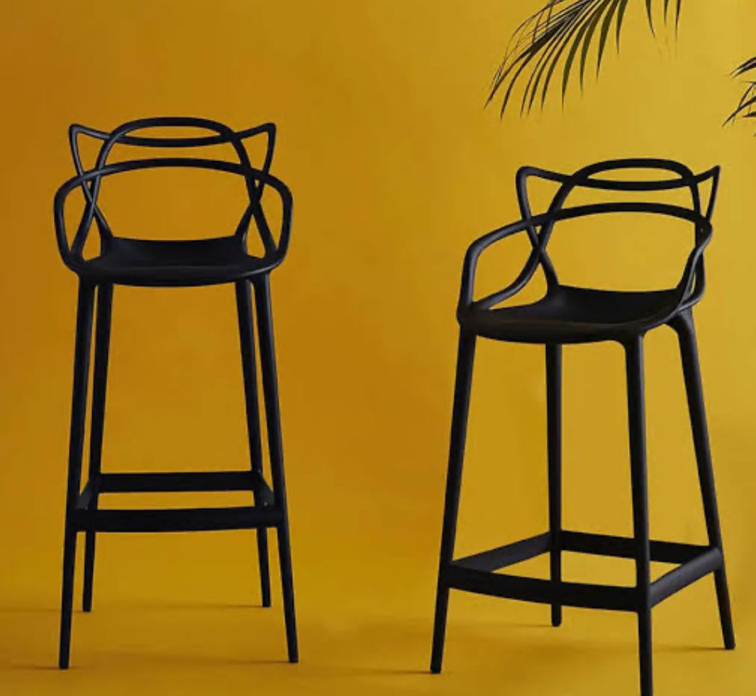 Modern Designer Bar Stool - Set (2pcs) Sleek Polypropylene Frame - BLACK