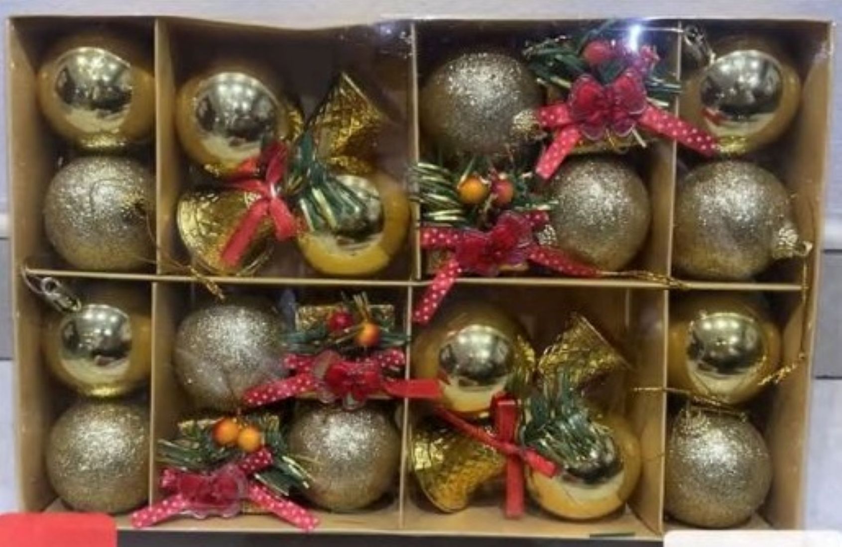 Christmas Tree Ornaments Set, 16 Gold Glitter and 8 Metallic Ball Decorations with Red Bows-gold