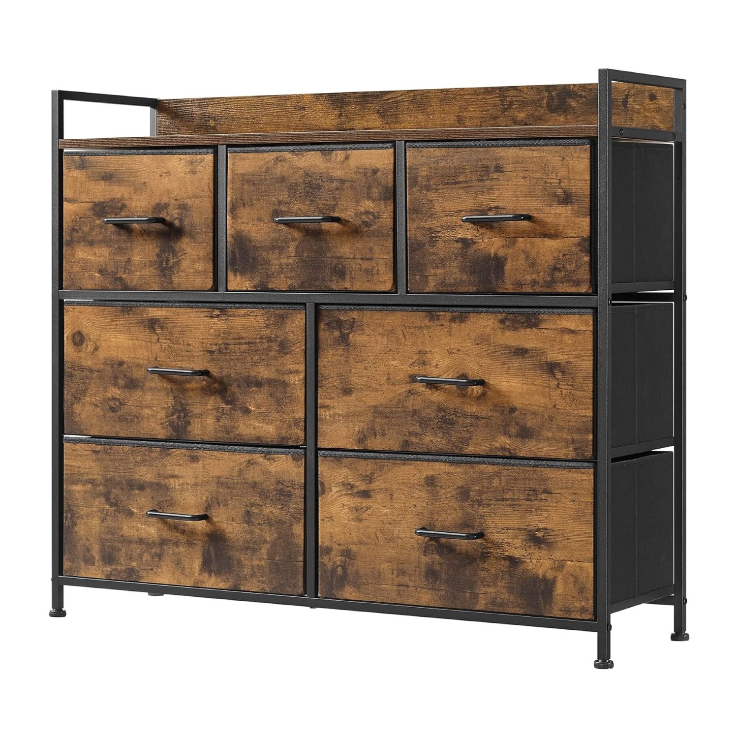 RUSTIC BROWN 7-DRAWER CABINET WITH METAL FRAME & FABRIC STORAGE