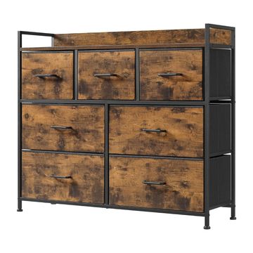 RUSTIC BROWN 7-DRAWER CABINET WITH METAL FRAME & FABRIC STORAGE