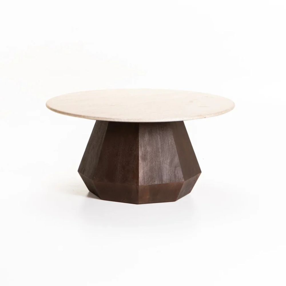 Rani 80 cm Round Travertine & Solid Wood Coffee Table – Handmade in India