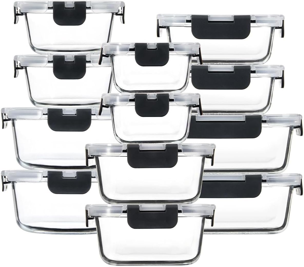 12Pack Glass Food Storage Meal Prep Containers Airtight Leak Proof Lids