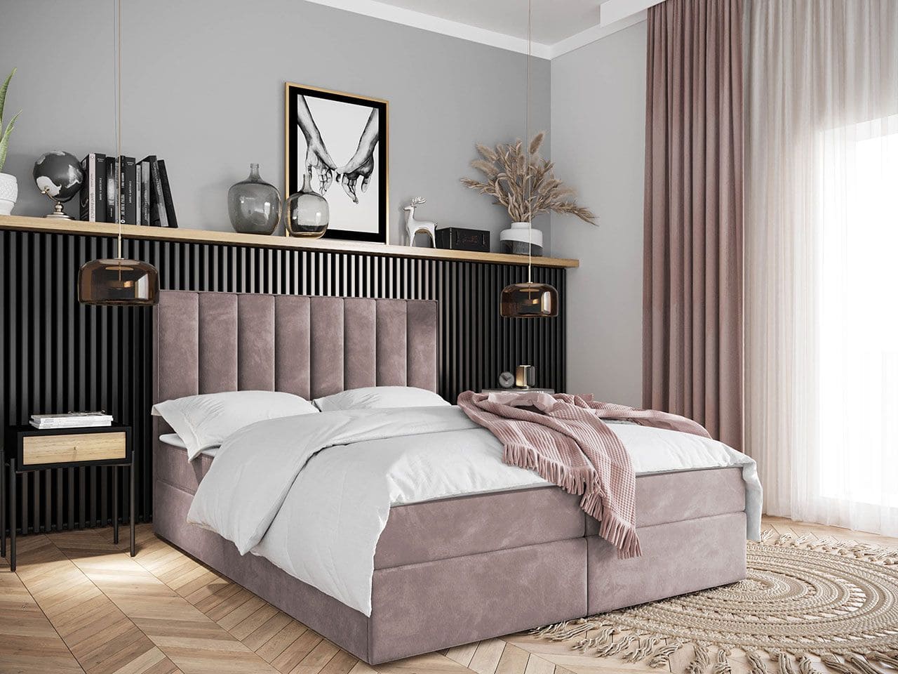 Modern Upholstered Bed Queen Size XL - Nude Pink