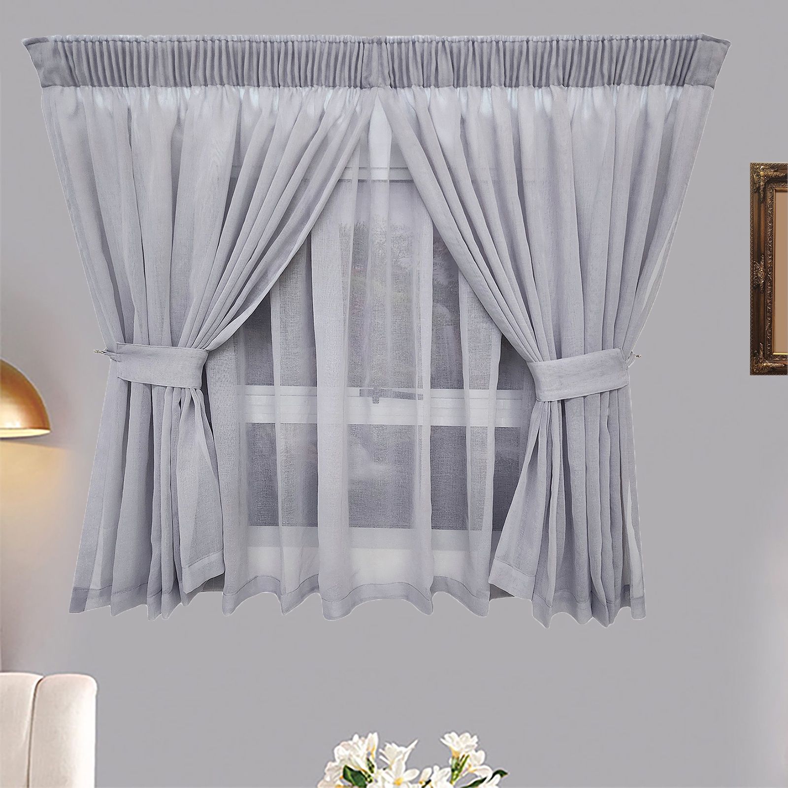 Matoc Designs Curtain - Café Double Layer - Mystic Voile - Dove - Taped - 250cm W x 120cm H