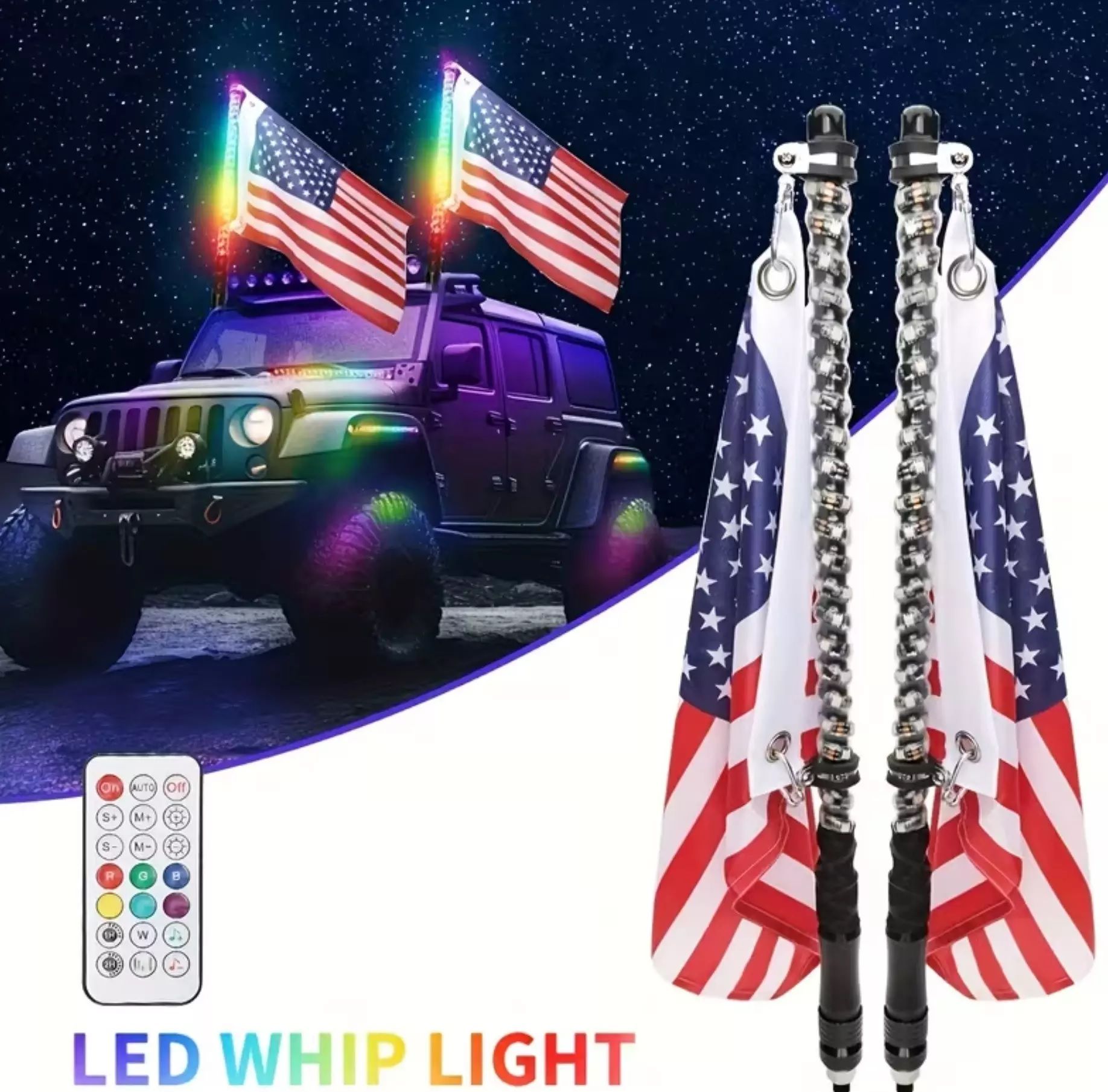 1.2 Meter 12 Volt LED Whiplights Dual Set for Offroad, Bakkie, Boat, Quads App & Remote Controlled