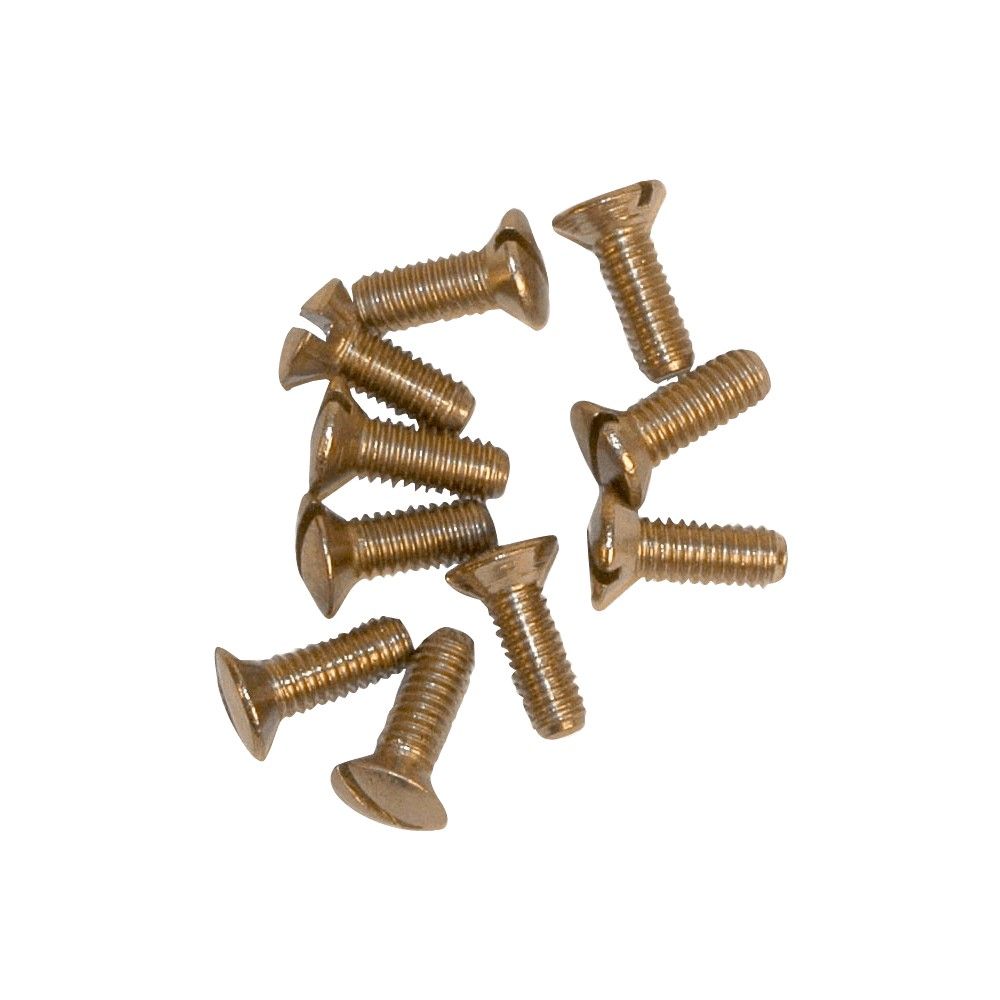 Set of silver screws screwed into timber wood on wooden top table  background. One of them has screw driver on the screw. Stock Photo