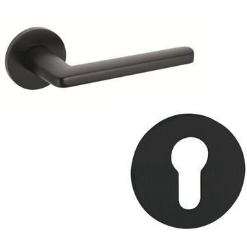 Modern Door Handle on Round Rose in Matt Black