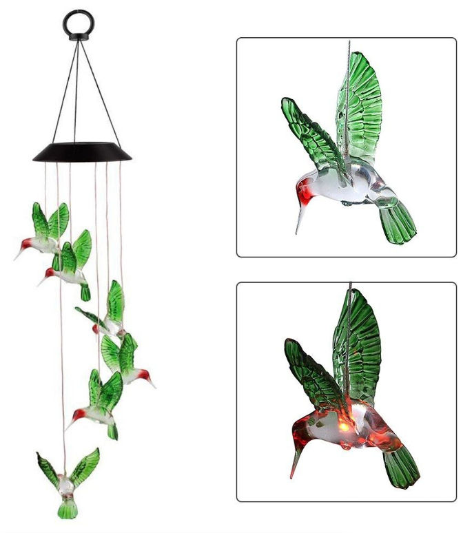 Decor Solar Powered Color Changing Hanging Hummingbirds Wind Chime