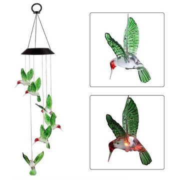 Decor Solar Powered Color Changing Hanging Hummingbirds Wind Chime