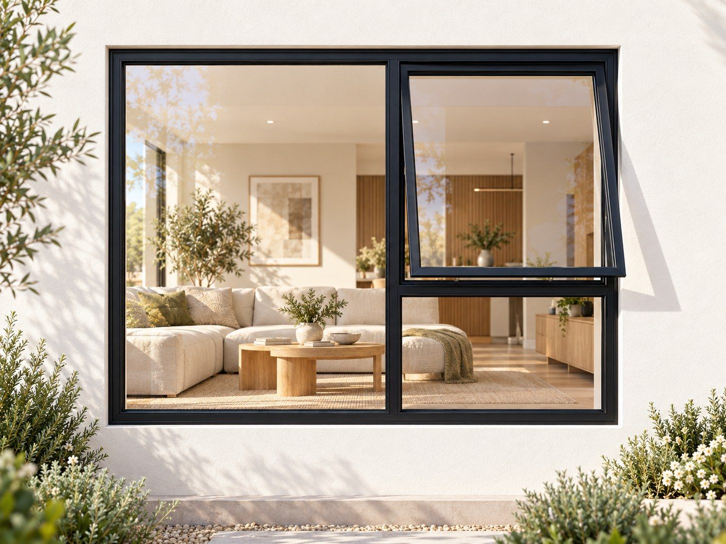 Kenzo Premium Top-Hung Aluminium Window - Black, 1500 900 mm, Right Upper Opener with Fixed Lower and Side Panes, Clear Glass