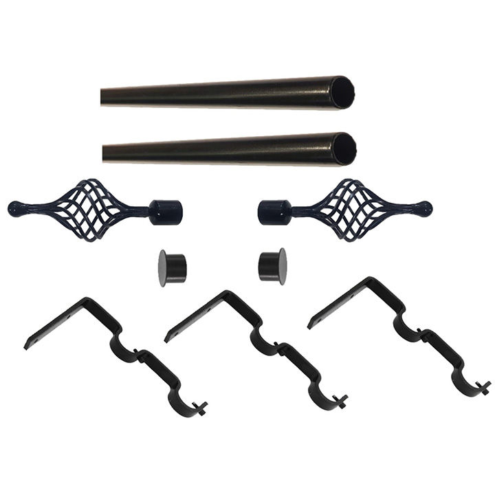 Matoc 32mm Curtain Double Metal Pole Set -Extend Brkts -Multibasket Finials -Black -3.0m