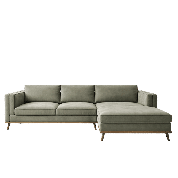Modern L-Shaped Sofa with Wooden Legs – Olive