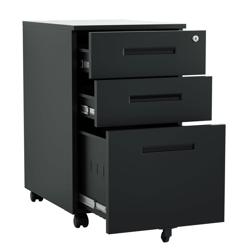 Steel 3 Drawer Inner Handle Mobile Pedestal Filing Cabinet Locker - Black