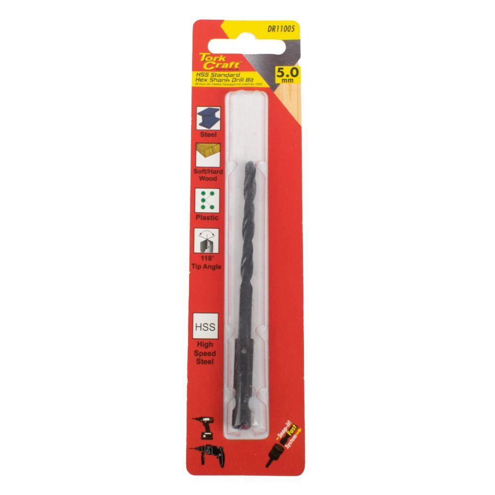 Tork Craft - Drill Bit Hss Standard 5.0mm Hex Shank 1/Card - 12 Pack